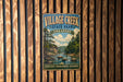A vintage metal sign for Village Creek State Park in Arkansas, featuring a scenic landscape with a river and forest.