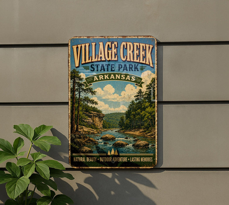 a vintage-style sign for Village Creek State Park in Arkansas, depicting a scenic landscape with a river, trees, and a cloudy sky.