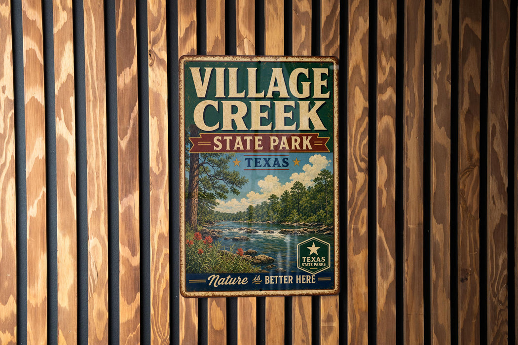 A vintage-style metal sign for Village Creek State Park in Texas, featuring a scenic landscape with a river, trees, and a cloudy sky.