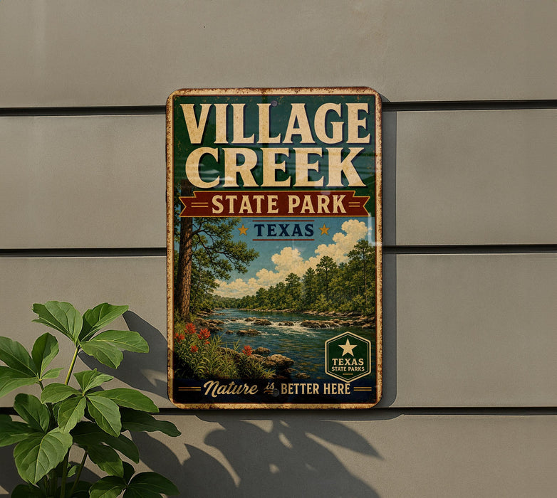 a vintage-style sign for "VILLAGE CREEK STATE PARK TEXAS" with a scenic landscape of a river, trees, and a waterfall.