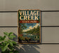 a vintage-style sign for "VILLAGE CREEK STATE PARK TEXAS" with a scenic landscape of a river, trees, and a waterfall.