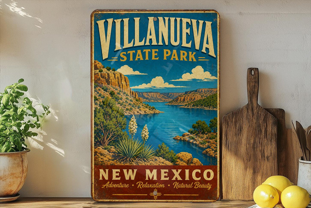 A vintage-style sign for Villanueva State Park in New Mexico, featuring a scenic landscape with mountains, a lake, and desert vegetation.