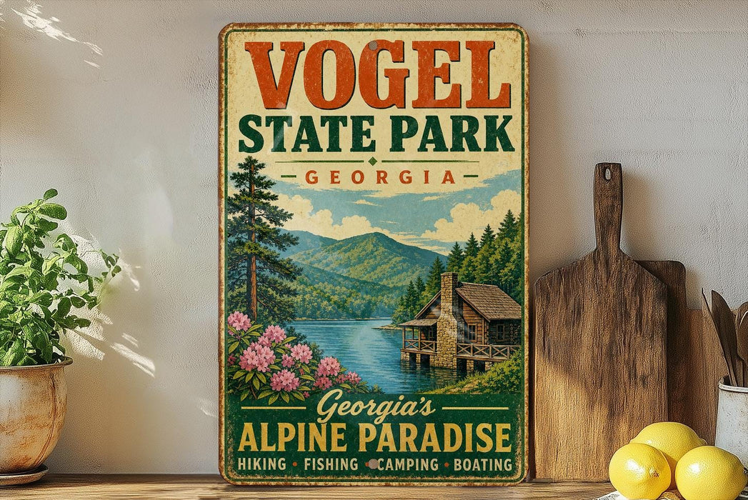 A vintage-style sign for Vogel State Park in Georgia, featuring a scenic mountain landscape with a cabin and flowers.
