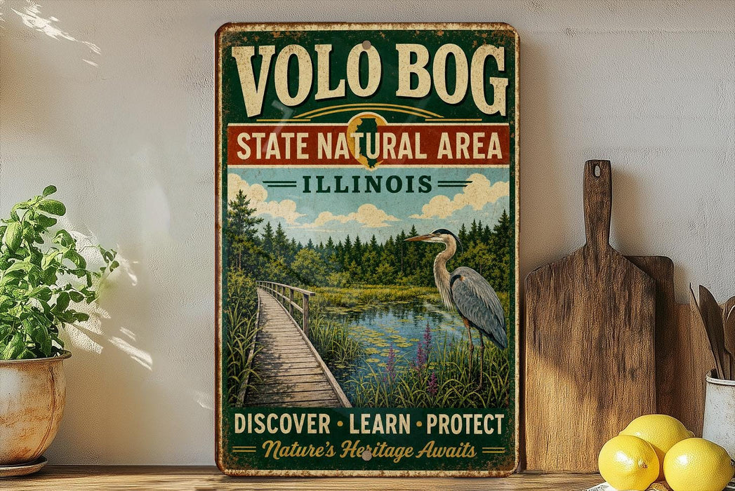 a vintage-style metal sign for the State Natural Area in Illinois, with a scenic illustration of a wooden boardwalk leading to a pond with a bird. The sign also includes the words "Discover, Learn, Protect Nature's Heritage Awaits".