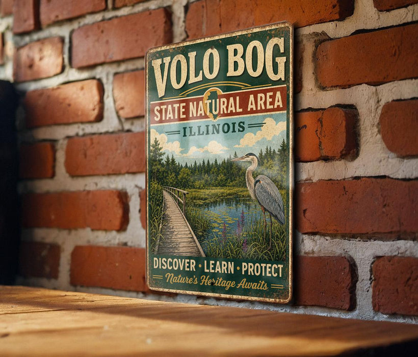 A vintage-style metal sign for the Volo Bog State Natural Area in Illinois, featuring a scenic illustration of a bird and a wooden walkway leading to a pond surrounded by trees.