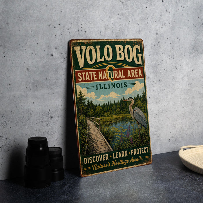 A vintage-style metal sign for the State Natural Area in Illinois, featuring a scenic illustration of a bird and a wooden walkway over a pond.