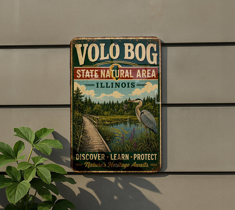 A vintage-style sign for the State Natural Area in Illinois, featuring a scenic illustration of a bird and a wooden boardwalk.