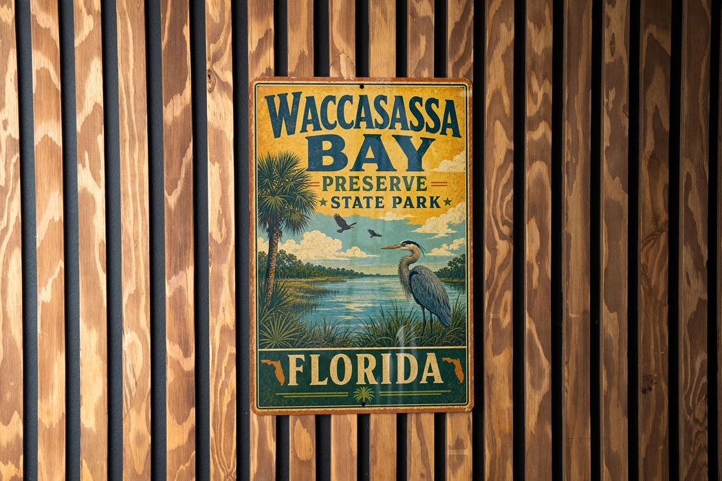 A vintage-style metal sign for Waccassas Bay Preserve in Florida, featuring a bird and a palm tree, is displayed on a wooden wall.