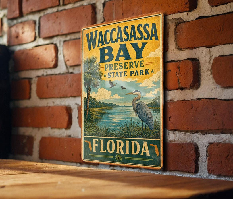 A vintage-style metal sign for Waccasass Bay Preserve State Park in Florida, featuring a bird and palm trees, is displayed on a brick wall.