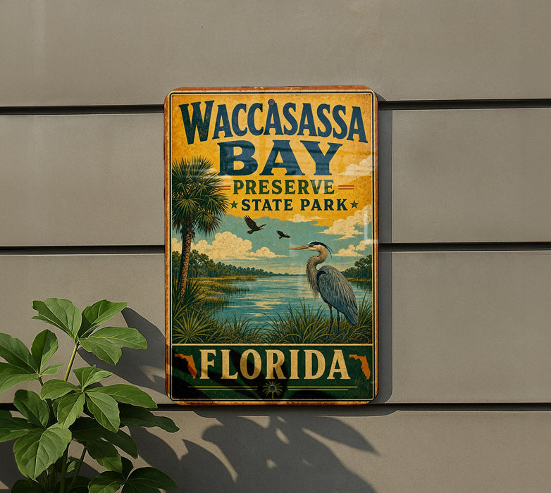 A vintage-style metal sign for Waccasass Bay Preserve State Park in Florida, featuring a bird and palm trees, is displayed on a wall next to a plant.