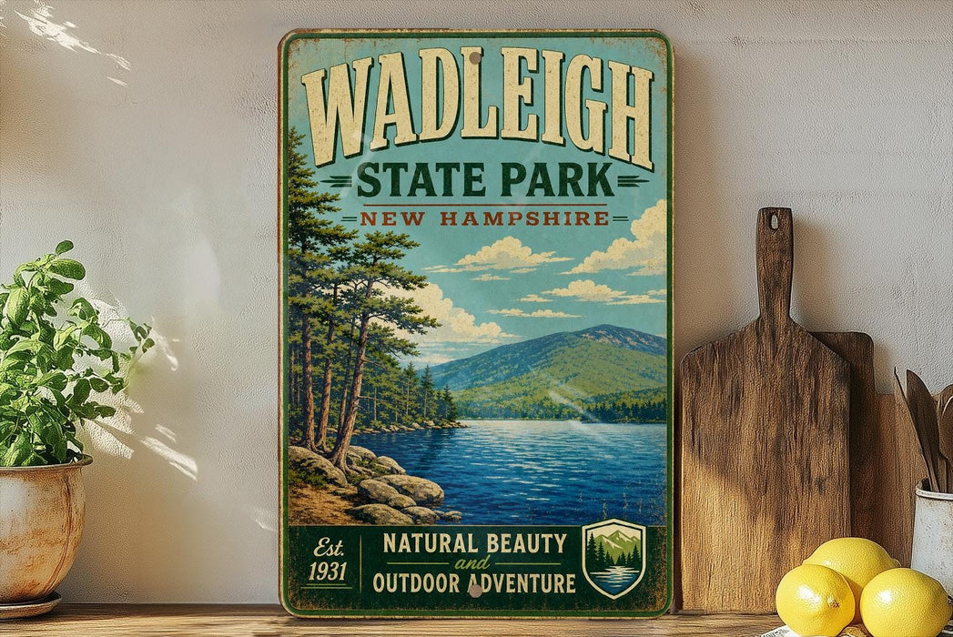 A vintage-style poster of Wadelligh State Park in New Hampshire, featuring a scenic landscape with a lake, mountains, and pine trees.