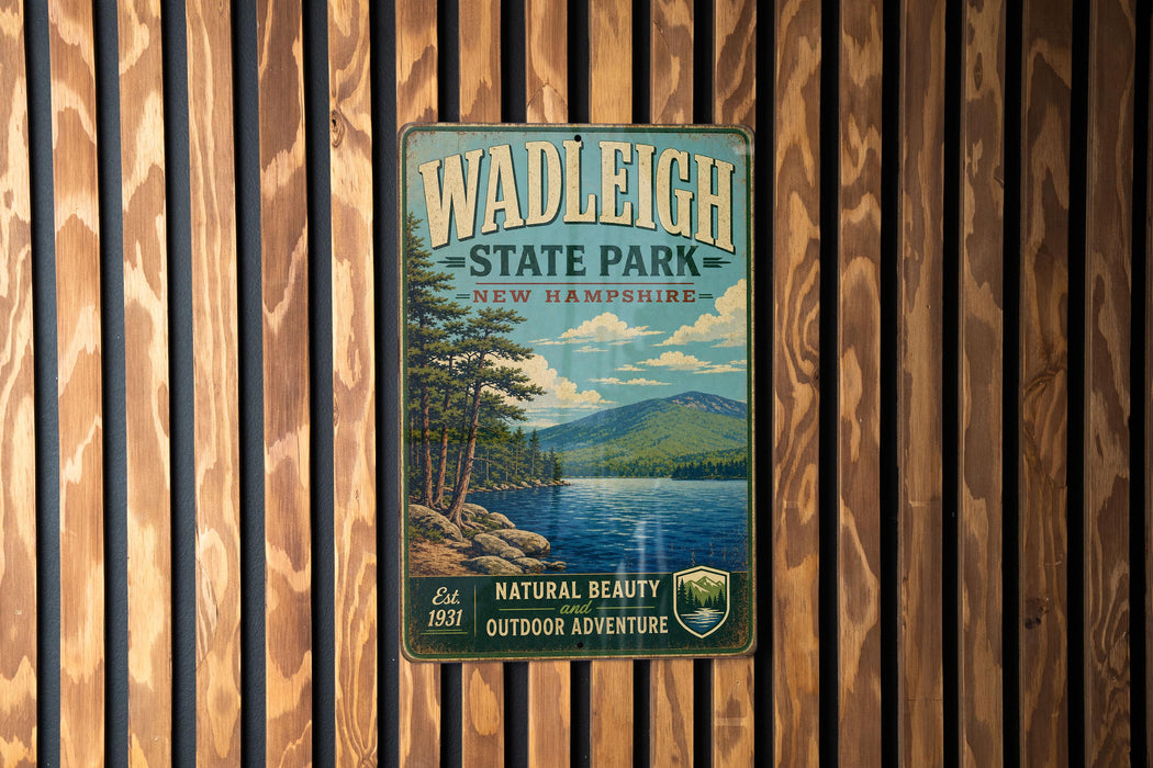 A vintage metal sign for Wadleigh State Park in New Hampshire, featuring a scenic landscape with pine trees, a lake, and mountains.