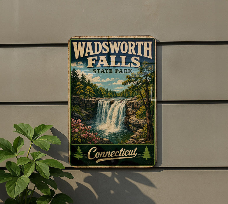 A vintage-style sign for Wadsworth Falls State Park in Connecticut, featuring a scenic waterfall surrounded by lush greenery.