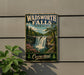 A vintage-style sign for Wadsworth Falls State Park in Connecticut, featuring a scenic waterfall surrounded by lush greenery.