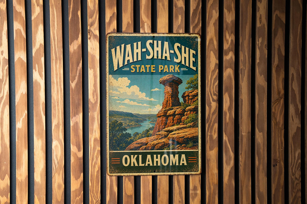 A vintage-style metal sign for Wah-Sha-She State Park in Oklahoma, featuring a scenic landscape with a rock formation and a river.