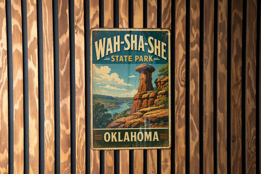 A vintage-style metal sign for Wah-Sha-She State Park in Oklahoma, featuring a scenic landscape with a rock formation and a river.
