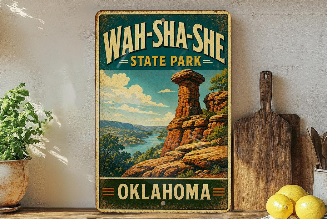 A vintage-style metal sign for Wah-Sha-She State Park in Oklahoma, featuring a scenic landscape with a rock formation and a river.