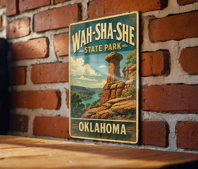 A vintage-style metal sign for Wah-Sha-She State Park in Oklahoma, featuring a scenic landscape with a rock formation and a lake.
