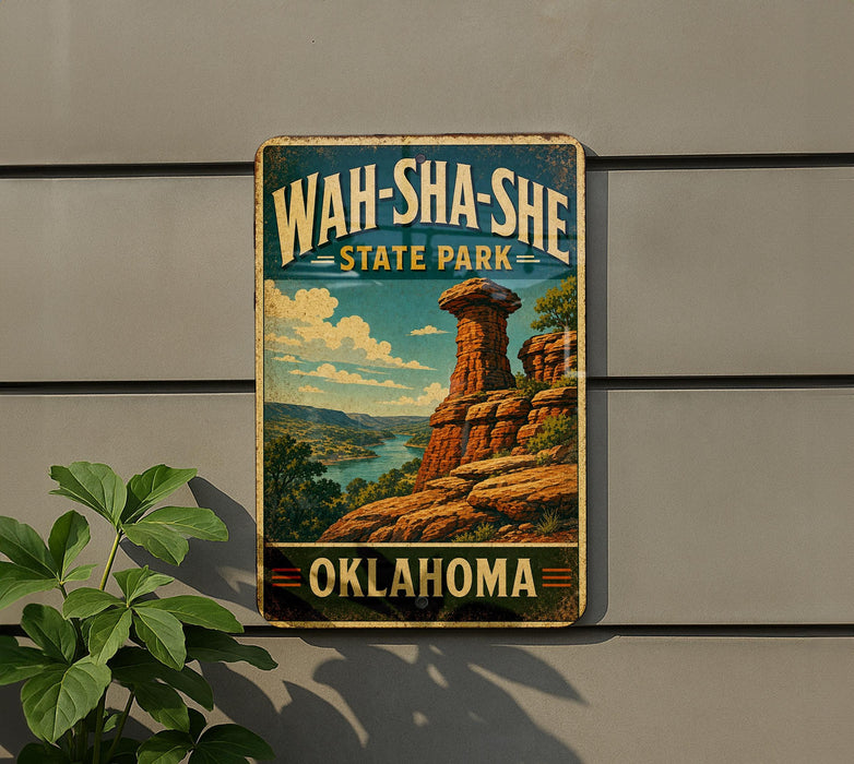 A vintage-style metal sign for Wah-Sha-She State Park in Oklahoma, featuring a scenic landscape with a rock formation and a body of water.