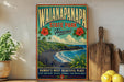 A vintage-style poster advertising Waianapanapana State Park in Hawaii, featuring a tropical beach landscape with hibiscus flowers and palm trees.