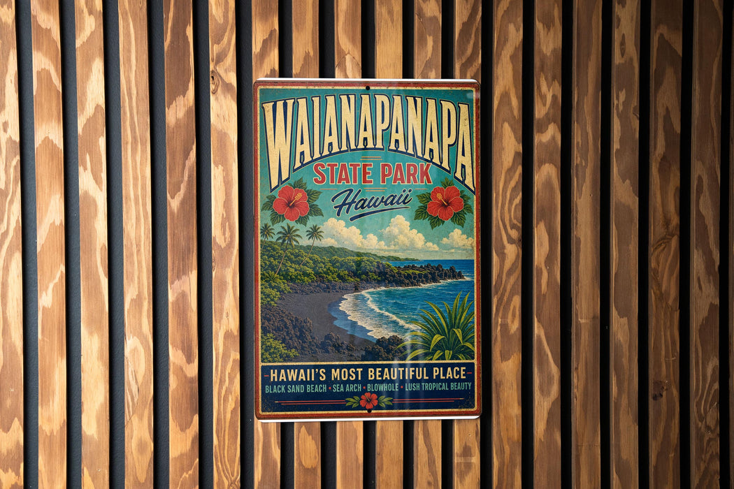 A vintage-style poster advertising Wianapapanapura State Park in Hawaii, featuring a tropical beach scene with palm trees and a hibiscus flower.