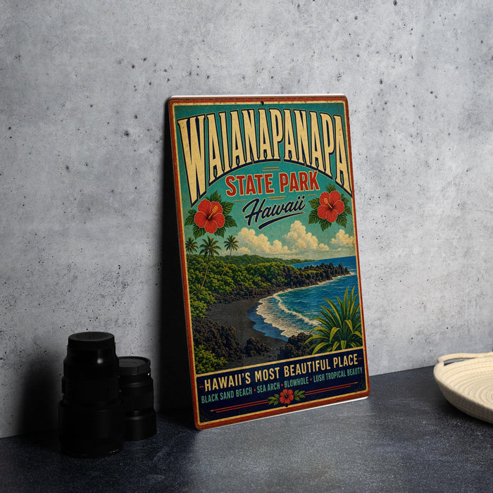 A vintage-style poster advertising Waiianapanapana State Park in Hawaii, featuring a scenic beach and ocean landscape.