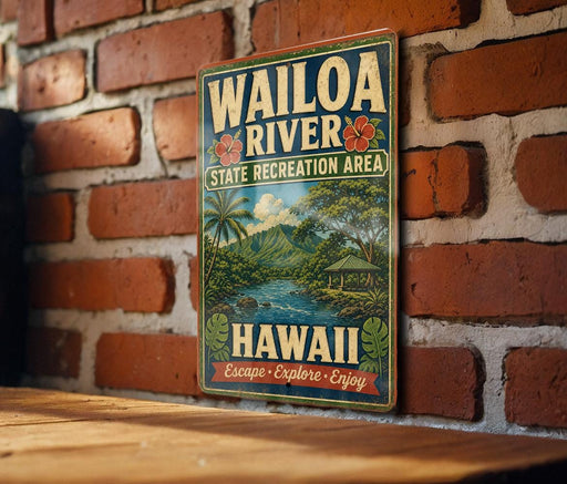 A vintage-style metal sign for the Wailoa River State Recreation Area in Hawaii, featuring a tropical landscape with palm trees, a river, and a beach.