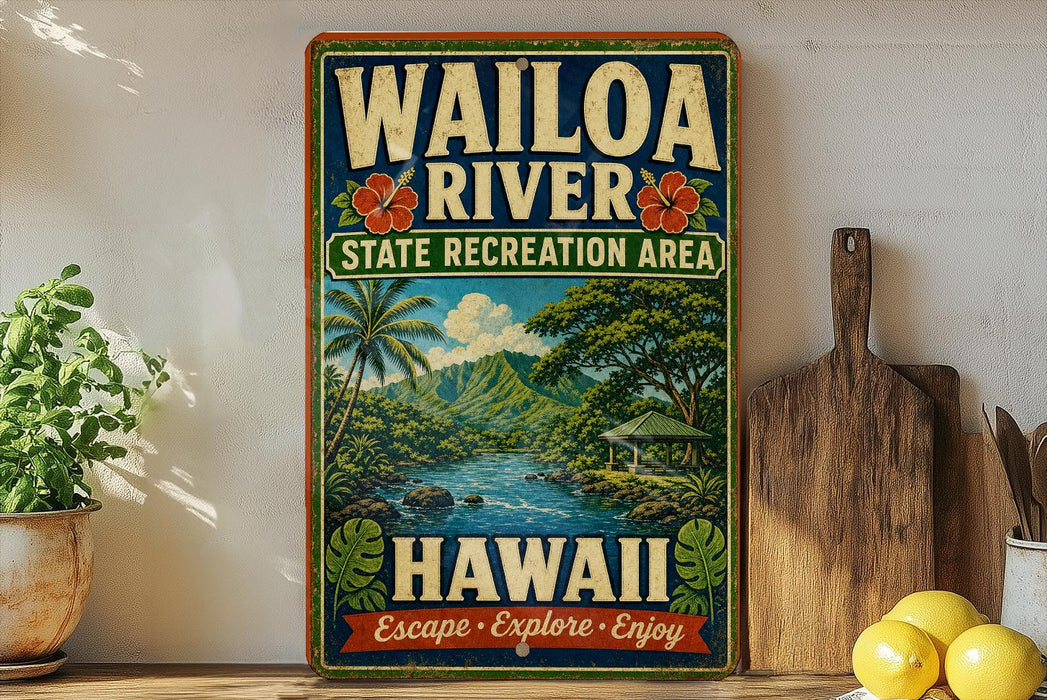A vintage-style sign for the Waioa River State Recreation Area in Hawaii, featuring a tropical landscape with palm trees, mountains, and a river.