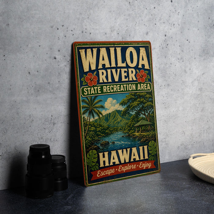 A vintage-style metal sign for the Waikio River State Recreation Area in Hawaii, featuring a tropical landscape with palm trees, mountains, and a river.