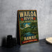 A vintage-style metal sign for the Waikio River State Recreation Area in Hawaii, featuring a tropical landscape with palm trees, mountains, and a river.