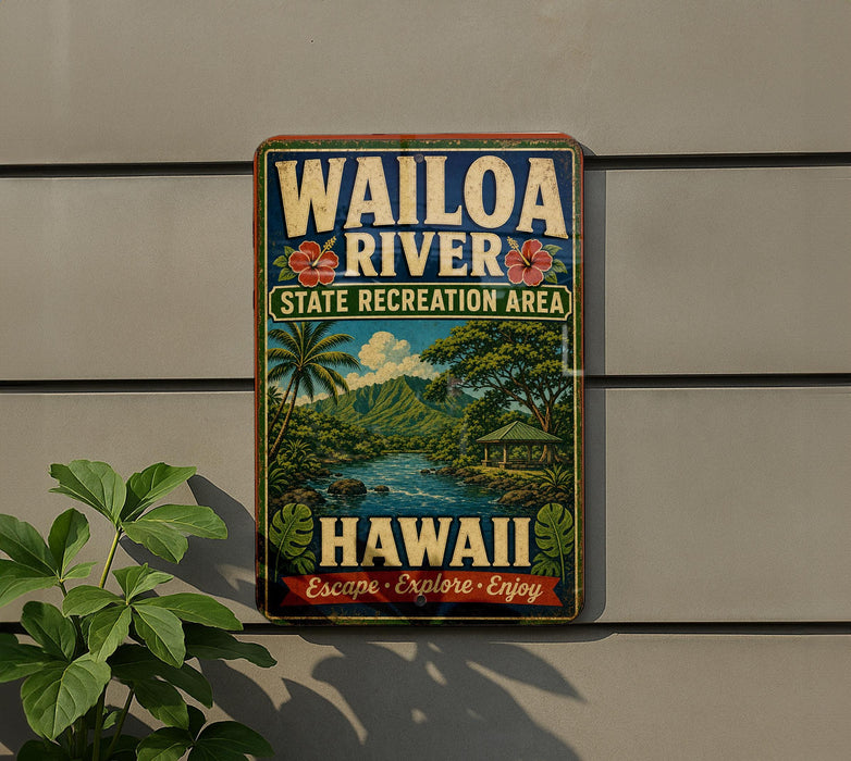 A vintage-style metal sign for the Waioa River State Recreation Area in Hawaii, featuring a tropical landscape with palm trees, a river, and mountains.