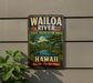 A vintage-style metal sign for the Waioa River State Recreation Area in Hawaii, featuring a tropical landscape with palm trees, a river, and mountains.