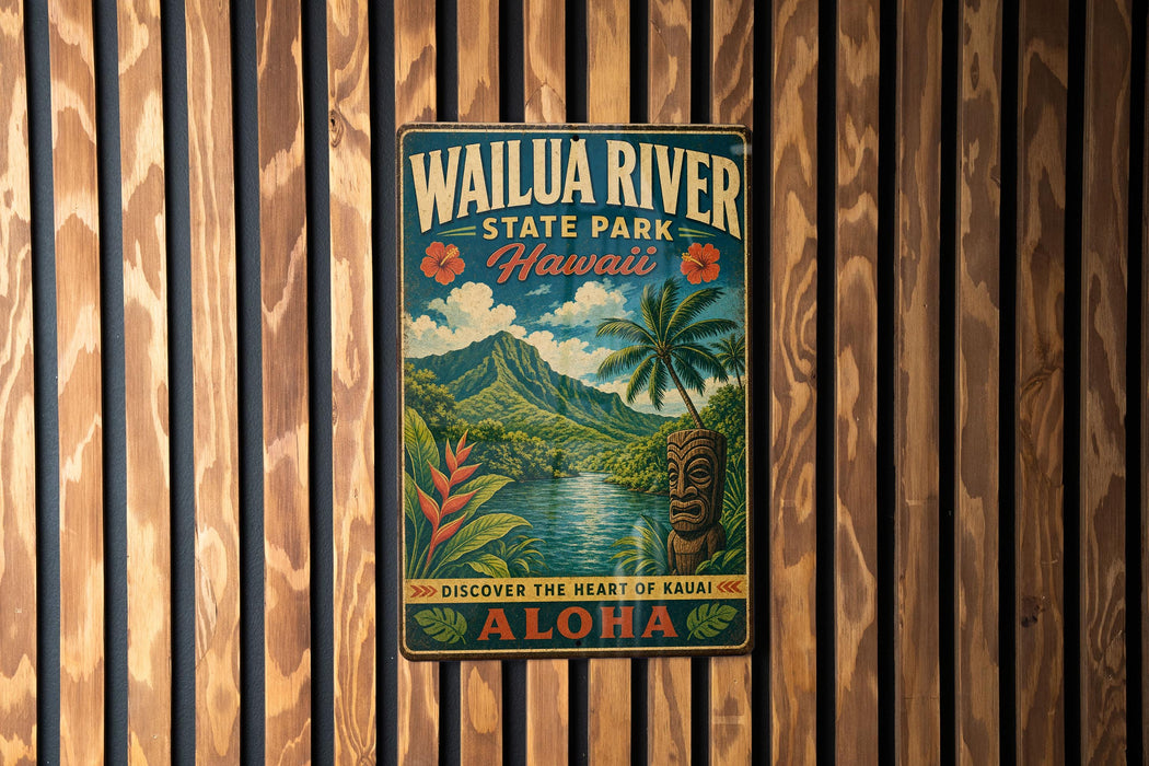 A vintage-style metal sign for Wailua River State Park in Hawaii, featuring a tropical landscape with palm trees, mountains, and a tiki statue.