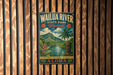 A vintage-style metal sign for Wailua River State Park in Hawaii, featuring a tropical landscape with palm trees, mountains, and a tiki statue.