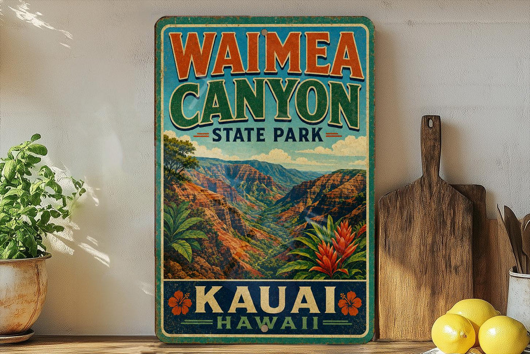 A vintage-style metal sign for Waimea Canyon State Park in Kauai, Hawaii, featuring a scenic mountain landscape with palm trees and flowers.