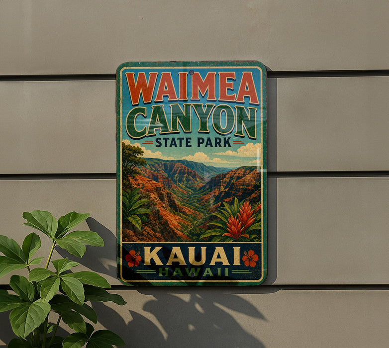 A vintage-style metal sign for Waimea Canyon State Park in Kauai, Hawaii, featuring a scenic landscape with mountains, palm trees, and colorful flowers.