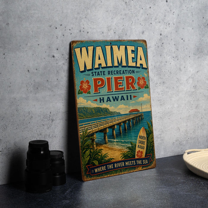 A vintage-style poster advertising Waimea State Recreation Pier in Hawaii, featuring a scenic image of the pier and ocean.