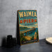A vintage-style poster advertising Waimea State Recreation Pier in Hawaii, featuring a scenic image of the pier and ocean.