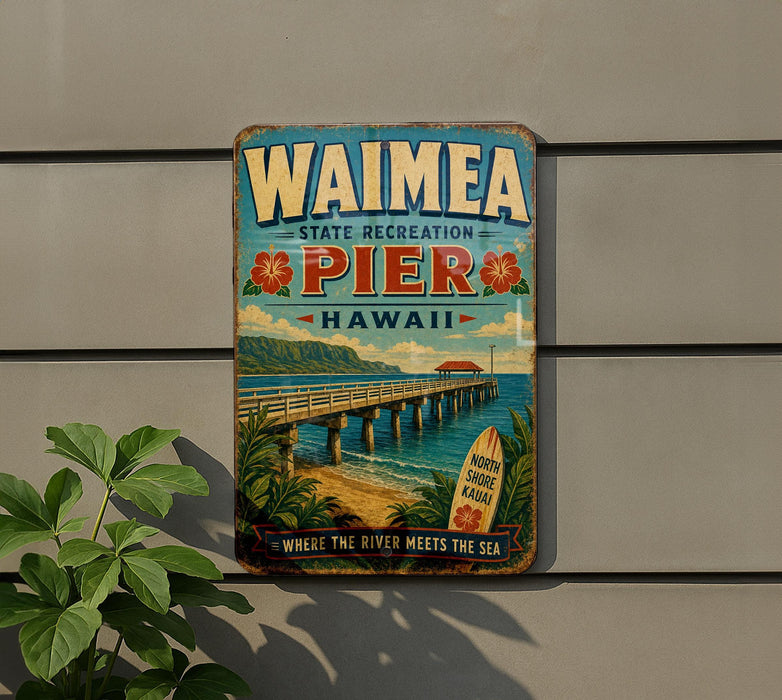 A vintage-style sign for Waimea Pier in Hawaii, featuring a scenic image of the pier and the ocean.