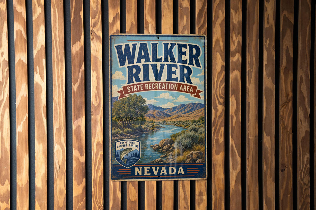 A vintage metal sign for Walker River State Recreation Area in Nevada, featuring a scenic illustration of the river and mountains.