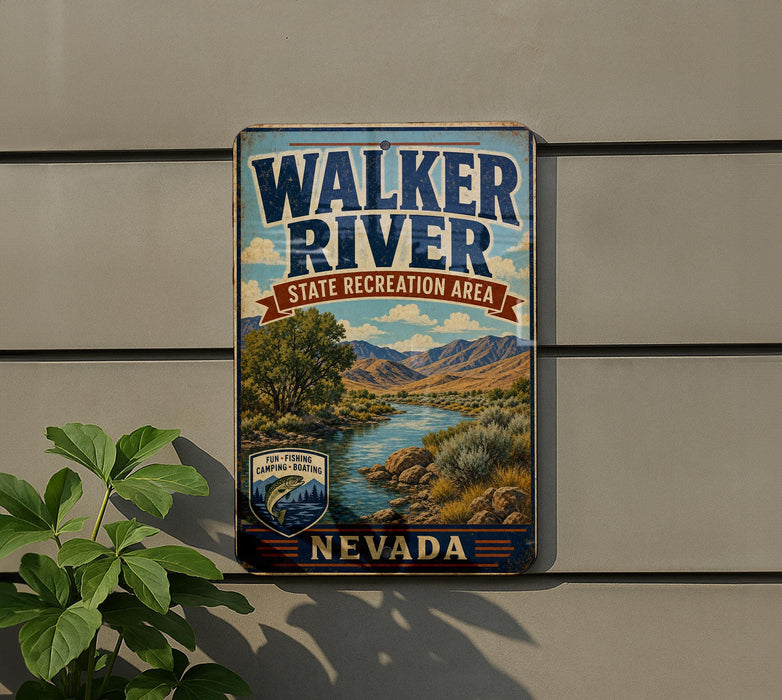 A vintage metal sign for the Walker River State Recreation Area in Nevada, featuring a scenic landscape with mountains, a river, and a forest.