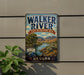 A vintage metal sign for the Walker River State Recreation Area in Nevada, featuring a scenic landscape with mountains, a river, and a forest.