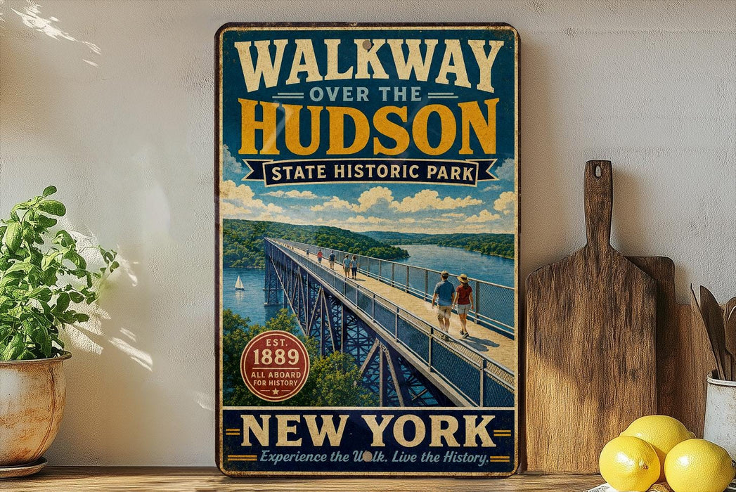A vintage-style poster advertising "WALKWAY OVER THE HUDSON STATE HISTORIC PARK" in New York, featuring a scenic image of a bridge over a river with people walking on it.