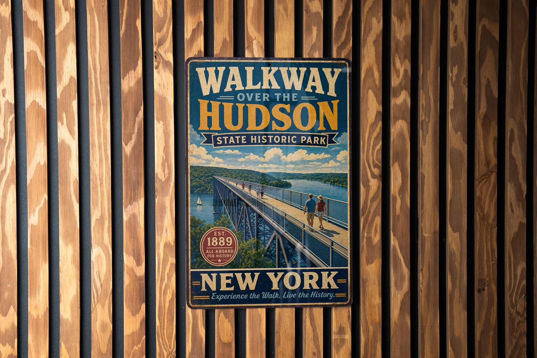 A vintage-style metal sign for "WALKWAY OVER THE HUDSON STATE HISTORIC PARK" is displayed on a wooden wall.