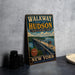 A vintage metal sign for "Walkway over the Hudson State Historic Park New York" is displayed on a gray concrete surface, with a stack of black camera lenses and a white dish nearby.