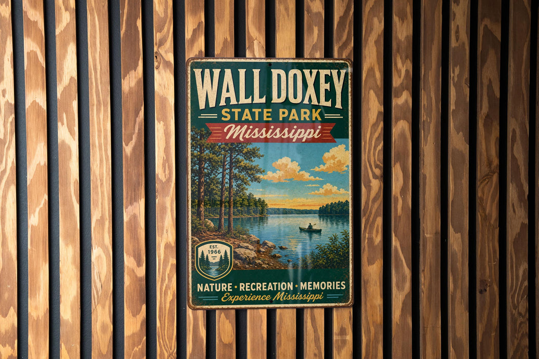 A vintage-style metal sign for Wall Doxey State Park in Mississippi, featuring a scenic landscape with a lake, trees, and a boat.
