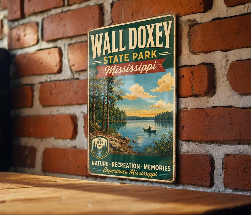 A vintage-style metal sign for Wall Doxey State Park in Mississippi, featuring a scenic landscape with a lake, trees, and a boat.