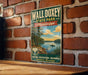 A vintage-style metal sign for Wall Doxey State Park in Mississippi, featuring a scenic landscape with a lake, trees, and a boat.