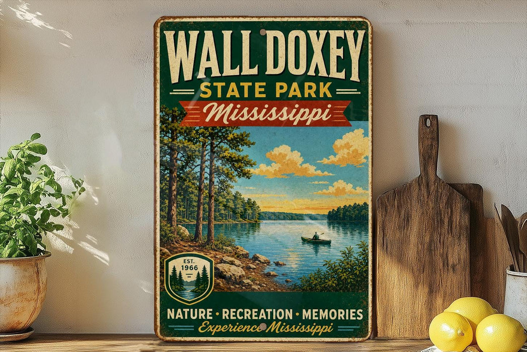 A vintage-style sign for Wall Doxey State Park in Mississippi, featuring a scenic landscape with a lake, trees, and a person in a boat.