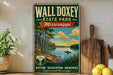 A vintage-style sign for Wall Doxey State Park in Mississippi, featuring a scenic landscape with a lake, trees, and a person in a boat.